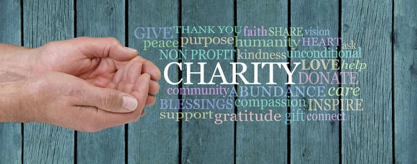 Make Difference Charity Word Cloud Male Cupped Hands Charity Word — Stock Photo, Image