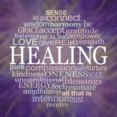 Circle of Healing Word Tag Cloud Coaster Mouse Mat Template - circle of healing words around the word HEALING on a purple feather background ideal for a mouse mat, place mat or drinks coaster clipart