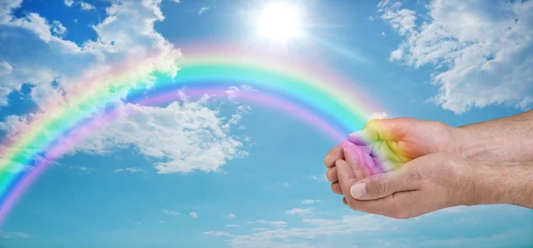 Sending You Beautiful Rainbow Healing Energy Male Cupped Hands Vivid — Stock Photo, Image