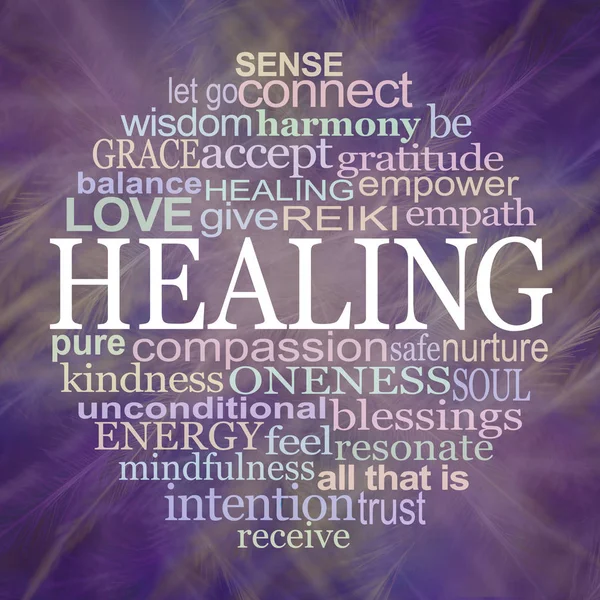 Circle of Healing Word Tag Cloud Coaster Mouse Mat Template - circle of healing words around the word HEALING on a purple feather background ideal for a mouse mat, place mat or drinks coaster — Stock Image Circle Healing Word Tag Cloud Coaster Mouse Mat Template Circle Stock Photo