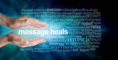 Massage heals word tag cloud - male parallel hands with the words MASSAGE HEALS floating between surrounded by a relevant word cloud on a dark petrol blue background  clipart