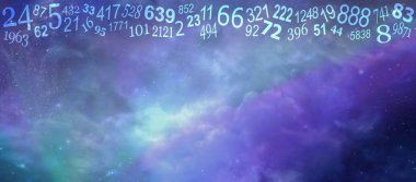 Cosmic Numerology Message Banner - random numbers positioned along the top of a wide ethereal blue green cloudy outer space background with space for messages                         clipart