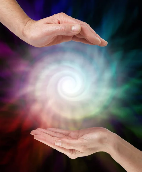 Creating Powerful Vortex Energy Field Male Hand Female Hand White — Stock Photo, Image