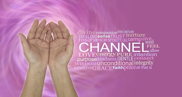 I am a channel of healing energy -  female open palm hands beside a CHANNEL word cloud on a pink  spiralling vortex energy background