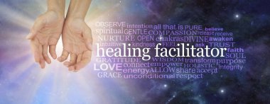 I am a healing facilitator word cloud - female open palm hands beside a HEALING FACILITATOR word cloud on a light burst and deep space dark blue background clipart