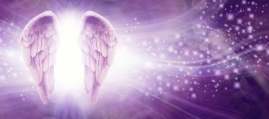 Purple Sparkle Angel Wings Message Board - pair of Angel wings on left side with a whoosh of wavy lines and sparkles on a purple background with copy space clipart