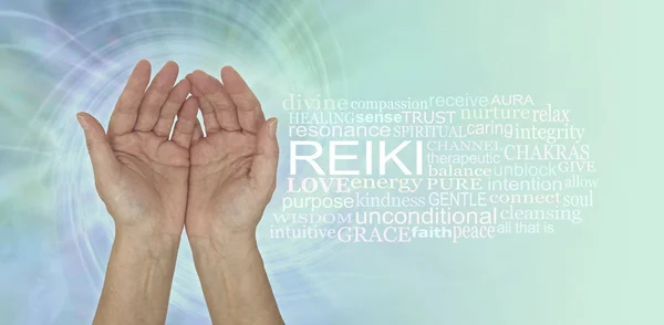Απαλά Θεραπευτικά Χέρια Reiki Word Cloud Open Palm Hands Next — Φωτογραφία Αρχείου