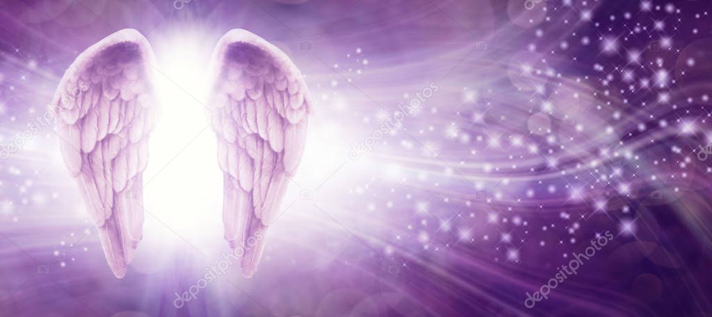 Purple Sparkle Angel Wings Message Board - pair of Angel wings on left side with a whoosh of wavy lines and sparkles on a purple background with copy space