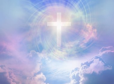 The Power and the Glory for Ever and Ever Amen - beautiful surreal heavenly cloud scene with a white cross and rainbow coloured vortex  providing a religious meditation background 