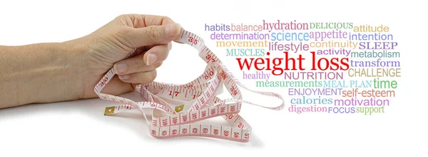 Words Associated Weight Loss Tag Cloud Female Hand Holding Measuring — Stok fotoğraf