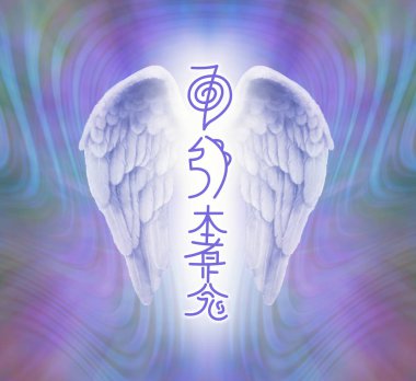 Melek Kanatları ve Reiki Sembolleri Akan bir leylak yeşil enerji arka planında üç ana Reiki sembolü olan bir çift melek kanadı