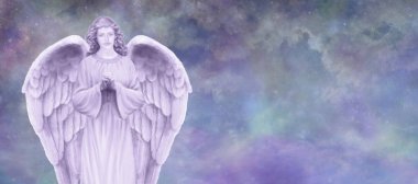 Guardian Angel Message Banner - praying Angel on left with copy space on right against an ethereal sky of blue purple pink fluffy clouds clipart