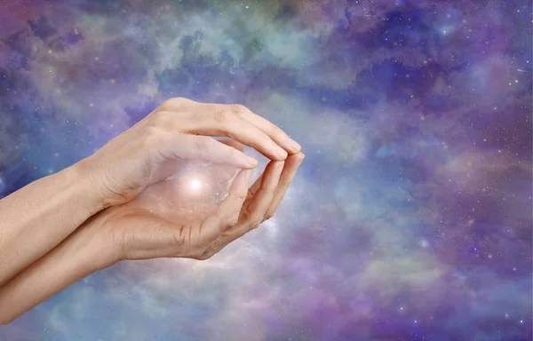 You Connected All Universe Female Hands Cupped Cosmic Nebular Beautiful — Stock Photo, Image