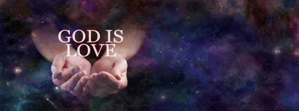 God Is Love and Eternally Giving  Background - pair of cupped hands emerging from deep space with the words GOD IS LOVE floating above with copy space on right side