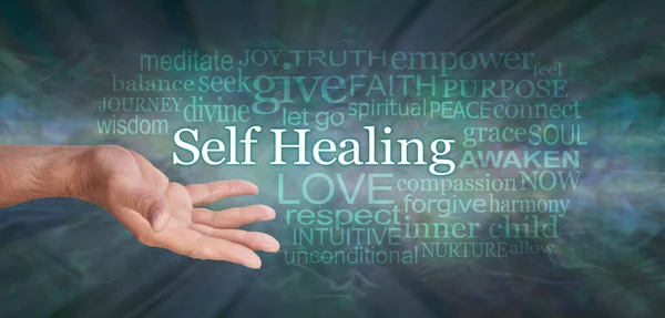Masculine Self Help Healing Word Tag Cloud - male open hand with the words SELF HEALING and a relevant word cloud against dark  green radiating gaseous effect background