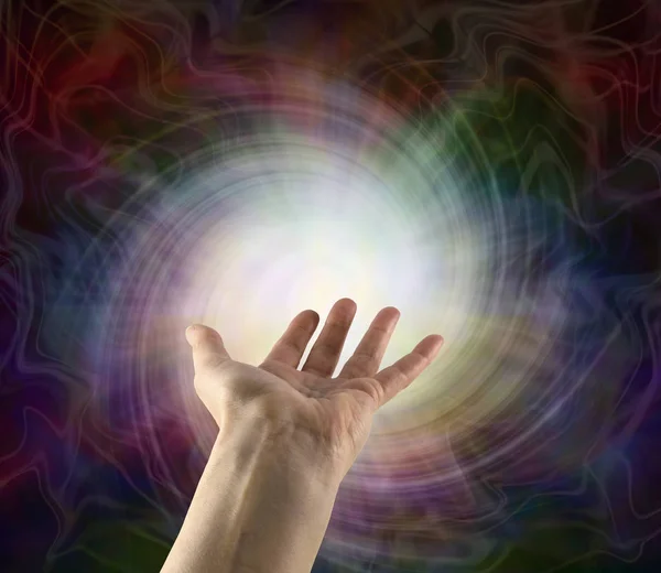 Using Vortex Distant Healing Focus Send Energy Open Palm White — Stock Photo, Image