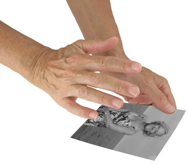 Sending Distant Healing Woman Photograph Holding Black White Photo Middle — Stock Photo, Image