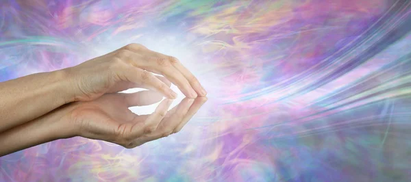 Healing Practitioner Sensing Healing Energy Vibes Female Cupped Hands Whoosh — Stock Photo, Image