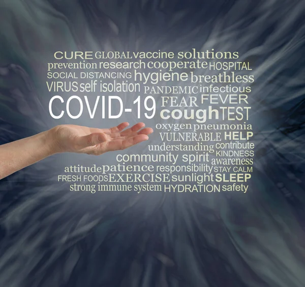 Covid Awareness Tag Word Cloud Kobieta Otwartą Dłonią Słowami Covid — Zdjęcie stockowe