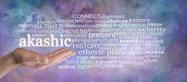 Akashic Arşiv Kelime Bulutu 'nun içyüzü - erkek avuç içi açık ve üzerinde AKASHIC sözcüğü var. İlgili bir etiket bulutu ile çevrili, çok renkli bir arka plana karşı.