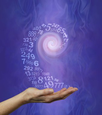 Vortexing Numerology Numbers  Concept Background  - a swirl of semi-transparent random numbers spiraling into the hand of a numerologist ready for a reading on purple blue gaseous ethereal background clipart