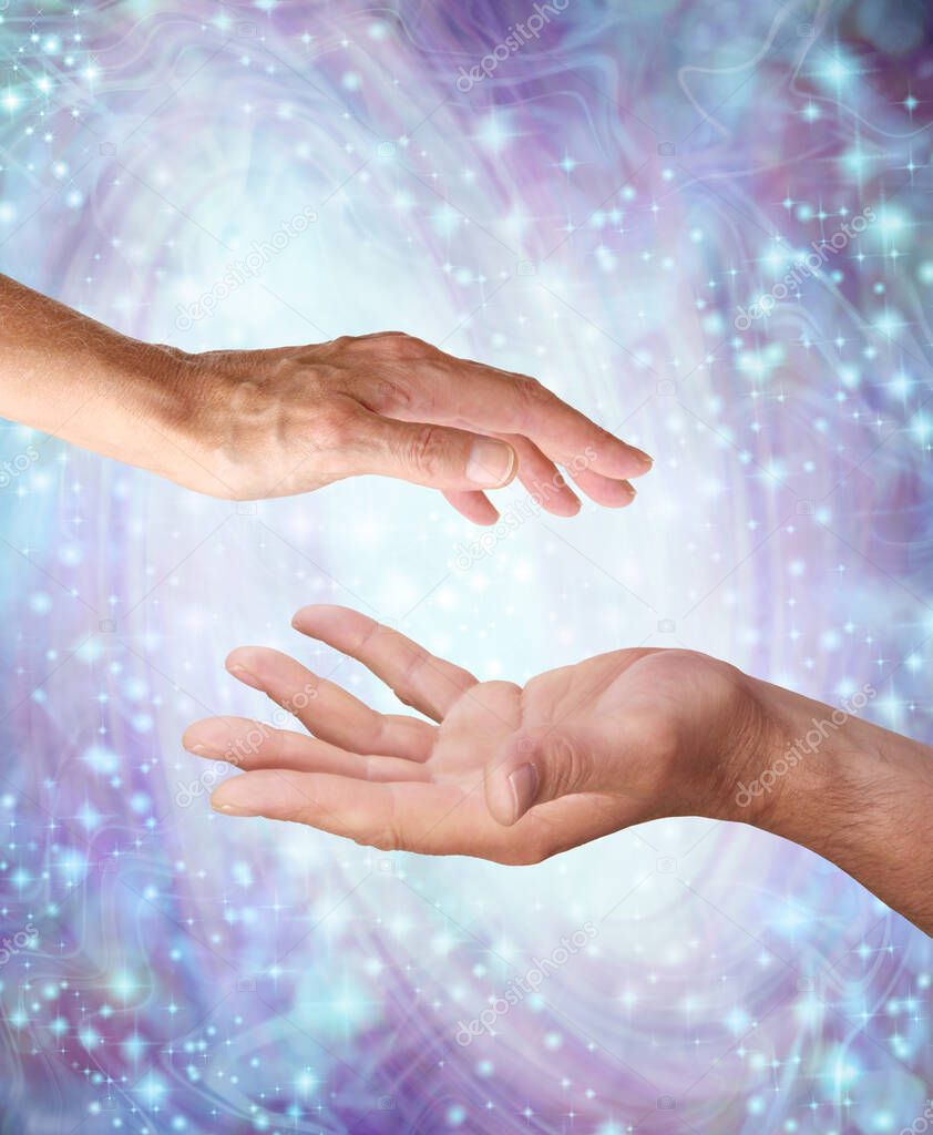 Pure Healing Male and Female yin and yang energy - male hand opposite female hand with a white light orb in between against a purple blue swirling sparkling energy field background 