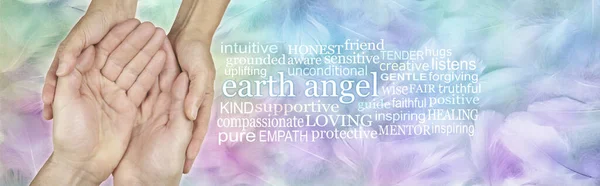 Thank You Earth Angel - a female hands cupped around male cupped hands beside an EARTH ANGEL word cloud against rainbow coloured random fluffy feathers in the background