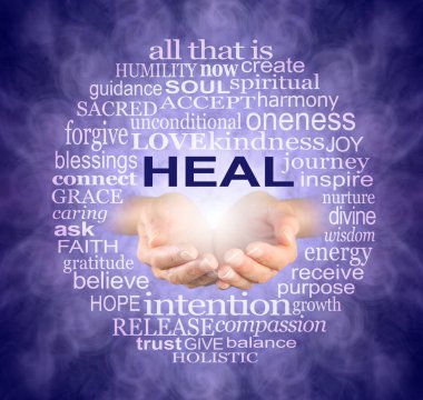 Circle of Healing Words Tag Cloud  - female cupped hands with the word HEAL above surrounded by a circle of healing words  on an intricate purple vortex background                                 clipart