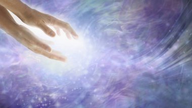 Healing energy flows where your attention goes - parallel female hands with high resonance white  energy flowing out on an ethereal purple pink blue background with copy space clipart