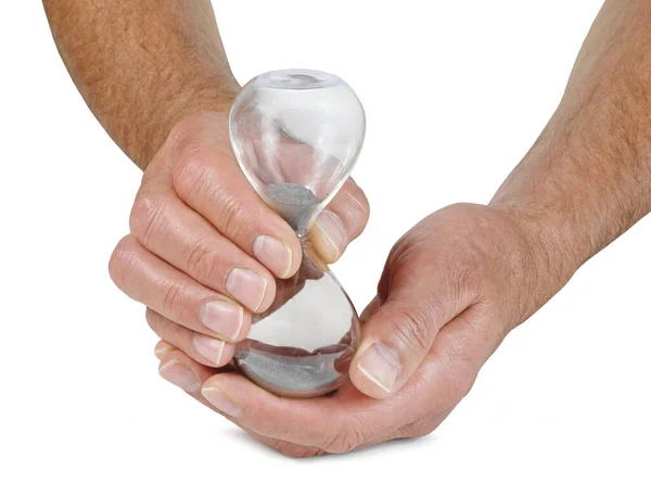 Tiden Rinner Bokstavligen Manliga Händer Håller Sand Timer Timme Glas — Stockfoto