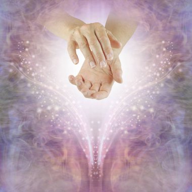 Sending you beautiful heart healing energy - female hands surrounded by shimmering sparkles on an ethereal magical pink feminine background with copy space clipart