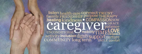 Thank you to all the caregivers word cloud banner - female hands gently cupped around male cupped hands beside a CARE GIVER word tag cloud on a rustic purple blue oil painted background