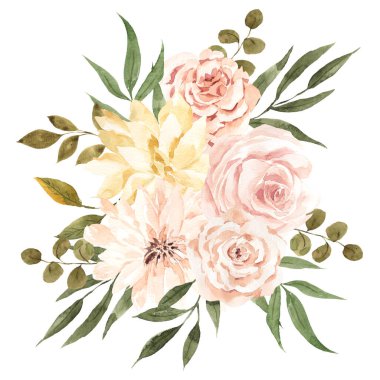 Güzel çiçekleri, yaprakları, suluboya elleri olan sonbahar buketi beyaz arka planda izole edilmiş çiçek elementleri çizer.