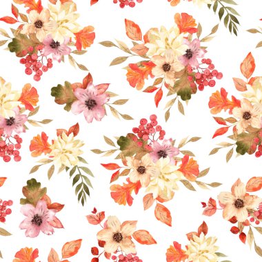 Sonbahar çiçekleri ve yaprakları ile kusursuz desen, suluboya el beyaz arka planda çiçek elementi çizer