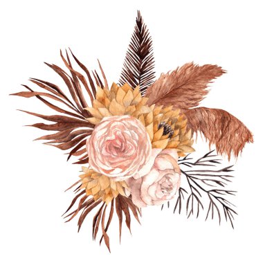 Kurumuş çiçekli suluboya buket, yapraklar, otlar ve palmiye yaprağı, el yapımı çiçek.