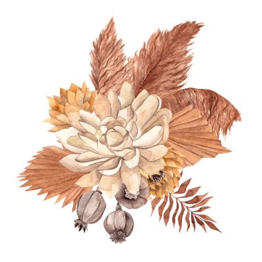 Kurumuş çiçekli suluboya buket, yapraklar, otlar ve palmiye yaprağı, el yapımı çiçek.