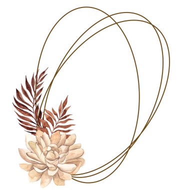 Suluboya elle çerçevelenmiş çiçekler, yapraklar, otlar ve palmiye yaprakları, beyaz arka planda izole edilmiş çiçek ve grafik elementleri, düğün tasarımı, davetiye, kart ve poster için