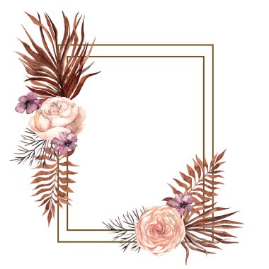Suluboya elle çerçevelenmiş çiçekler, yapraklar, otlar ve palmiye yaprakları, beyaz arka planda izole edilmiş çiçek ve grafik elementleri, düğün tasarımı, davetiye, kart ve poster için