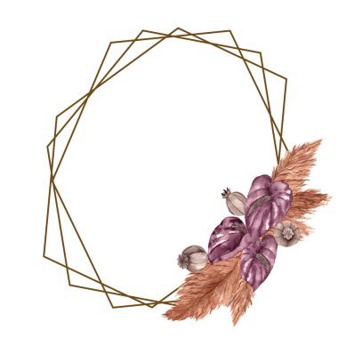 Suluboya elle çerçevelenmiş çiçekler, yapraklar, otlar ve palmiye yaprakları, beyaz arka planda izole edilmiş çiçek ve grafik elementleri, düğün tasarımı, davetiye, kart ve poster için