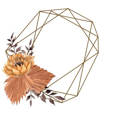 Suluboya elle çerçevelenmiş çiçekler, yapraklar, otlar ve palmiye yaprakları, beyaz arka planda izole edilmiş çiçek ve grafik elementleri, düğün tasarımı, davetiye, kart ve poster için