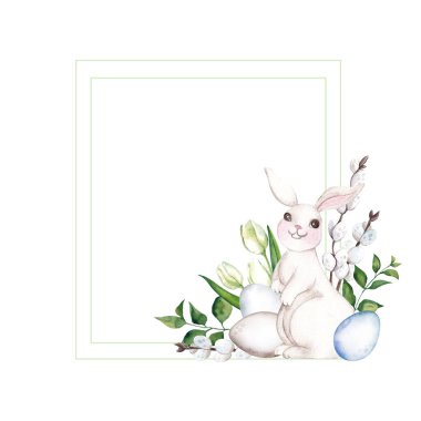Paskalya çerçevesi suluboya elle çizilmiş çiçekler, yumurtalar ve beyaz arka planda izole edilmiş tavşanlar.