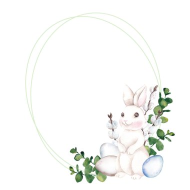 Paskalya çerçevesi suluboya elle çizilmiş çiçekler, yumurtalar ve beyaz arka planda izole edilmiş tavşanlar.