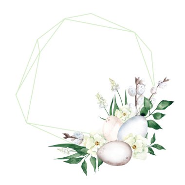 Paskalya çerçevesi suluboya elle çizilmiş çiçek, yaprak, söğüt ağacı ve yumurta dalları, beyaz arka planda izole edilmiş.