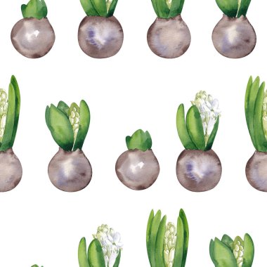 Sümbül soğanları ile kusursuz desen, renkli arkaplanda izole edilmiş el çizimi illüstrasyon