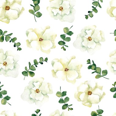 Suluboya beyaz çiçekler ve yapraklarla kusursuz desen