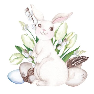 Paskalya yumurtası ve tavşanlı suluboya düzenlemeleri, çiçekler ve yapraklar