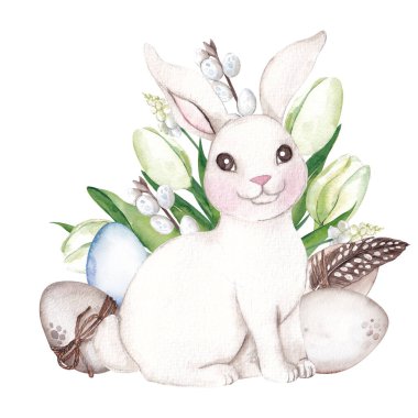 Paskalya yumurtası ve tavşanlı suluboya düzenlemeleri, çiçekler ve yapraklar