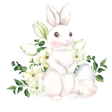 Paskalya yumurtası ve tavşanlı suluboya düzenlemeleri, çiçekler ve yapraklar