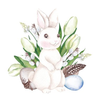 Paskalya yumurtası ve tavşanlı suluboya düzenlemeleri, çiçekler ve yapraklar