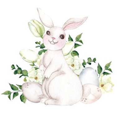 Paskalya yumurtası ve tavşanlı suluboya düzenlemeleri, çiçekler ve yapraklar